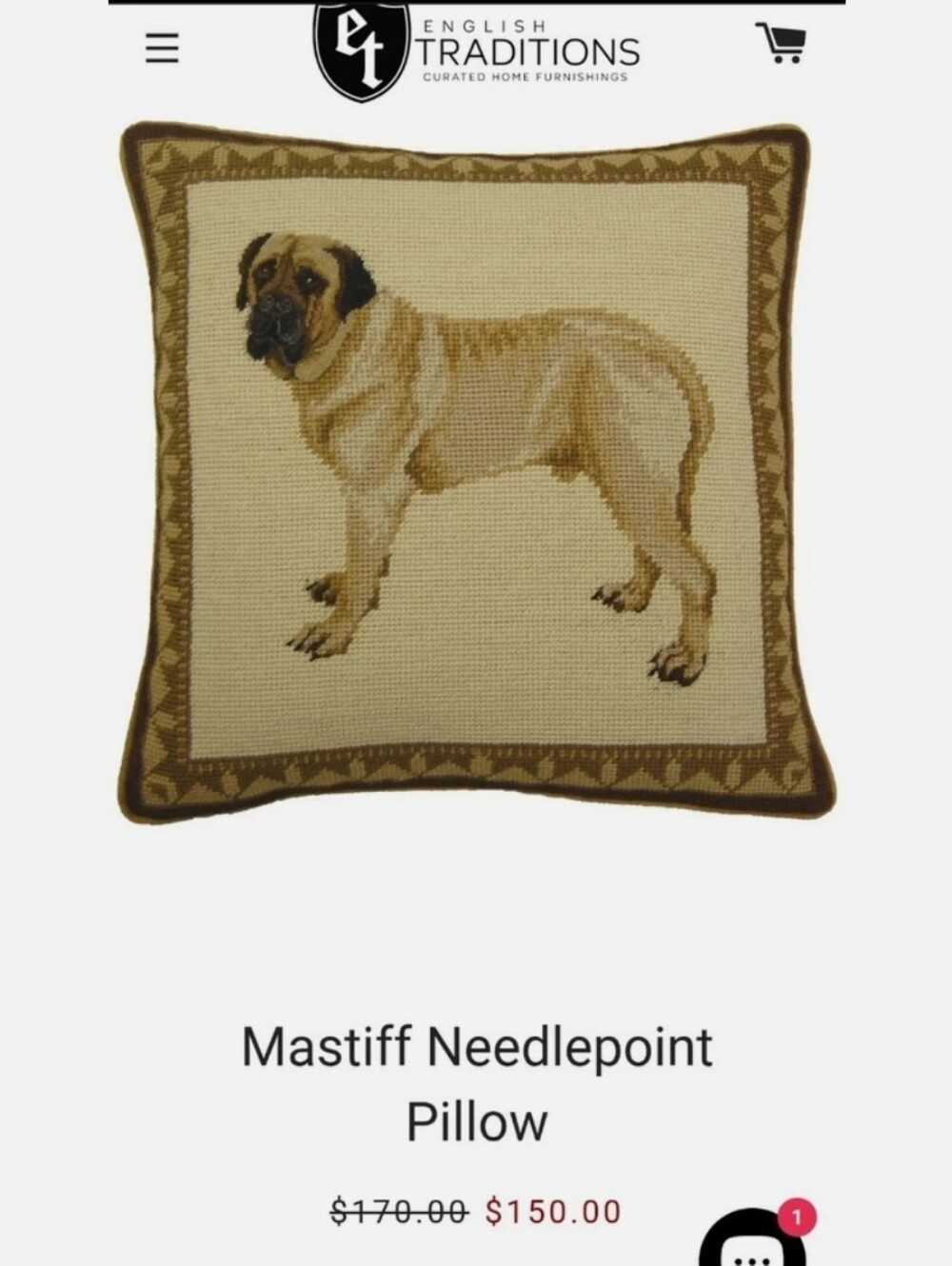 Vintage Needlepoint Pillow Cover 14x14 Brown Bullmastiff Dog Portrait Velvet New